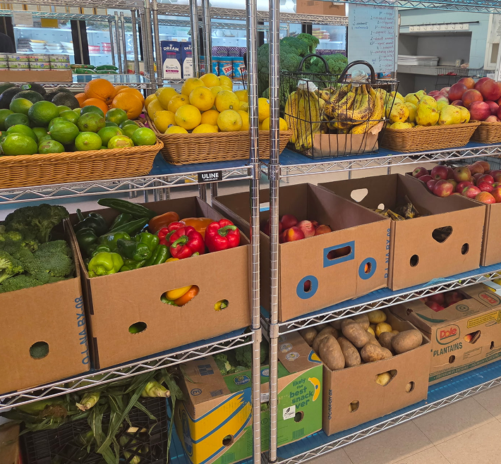 selves of fresh fruits and veggies